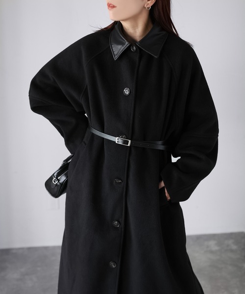 セール】ベルト付き襟フェイクレザーステンカラーコート（ステンカラー