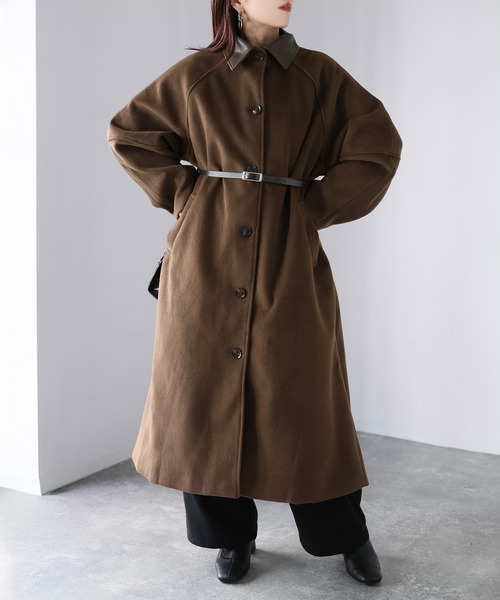 セール】ベルト付き襟フェイクレザーステンカラーコート（ステンカラー