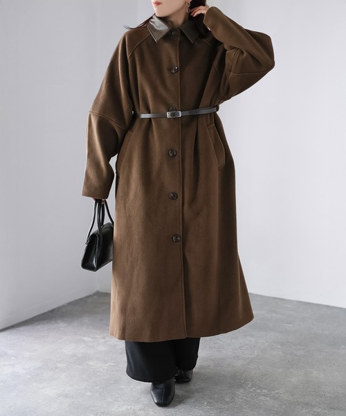 セール】ベルト付き襟フェイクレザーステンカラーコート（ステンカラー