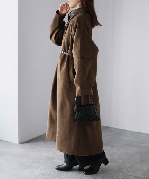 Riberry（リベリー）の「ベルト付き襟フェイクレザーステンカラーコート（ステンカラーコート・レディース・ブラック/チャコールグレー/オートミール/ブラウン・FREE）」の19枚目の写真
