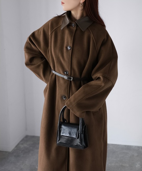 Riberry（リベリー）の「ベルト付き襟フェイクレザーステンカラーコート（ステンカラーコート・レディース・ブラック/チャコールグレー/オートミール/ブラウン・FREE）」の21枚目の写真