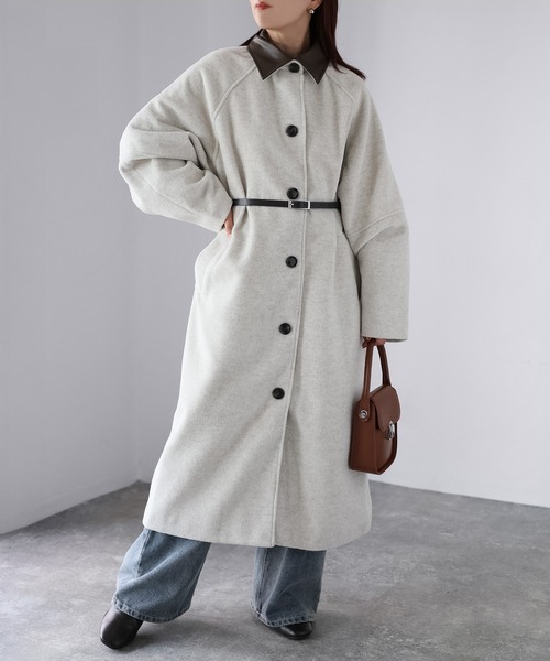 Riberry（リベリー）の「ベルト付き襟フェイクレザーステンカラーコート（ステンカラーコート・レディース・ブラック/チャコールグレー/オートミール/ブラウン・FREE）」の22枚目の写真