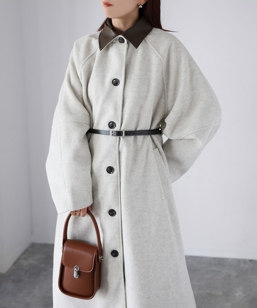 Riberry（リベリー）の「ベルト付き襟フェイクレザーステンカラーコート（ステンカラーコート・レディース・ブラック/チャコールグレー/オートミール/ブラウン・FREE）」の14枚目の写真