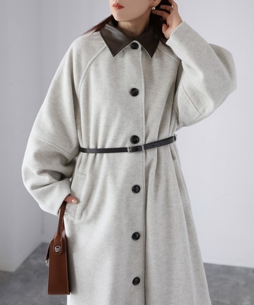 セール】ベルト付き襟フェイクレザーステンカラーコート（ステンカラー