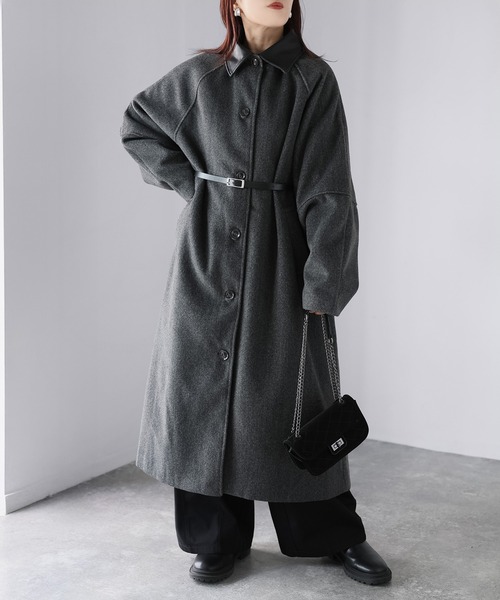 Riberry（リベリー）の「ベルト付き襟フェイクレザーステンカラーコート（ステンカラーコート・レディース・ブラック/チャコールグレー/オートミール/ブラウン・FREE）」の8枚目の写真