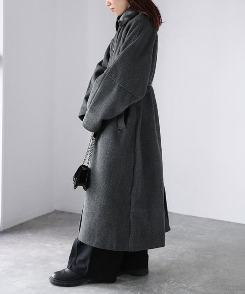 セール】ベルト付き襟フェイクレザーステンカラーコート（ステンカラー