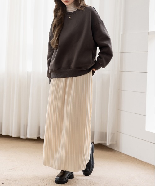 DAY CLOSET（デイ クローゼット）の「【裏起毛/厚手/防寒/マキシ丈】ストンと落ち感。サイドスリットプリーツスカート レディース（スカート・レディース・チャコールグレー/ブラック/アイボリー・M/L）」の7枚目の写真