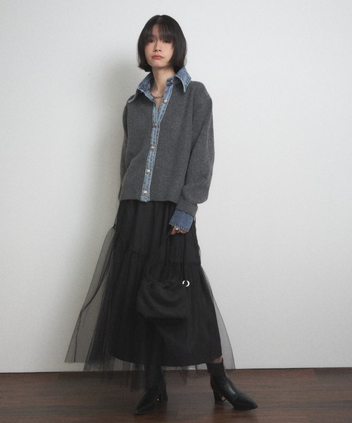 Shelly island(シェリーアイランド)の「デニム切り替えカーディガン(ニット/セーター・レディース・グレー/ネイビー/ブラウン・FREE)」の9枚目の写真