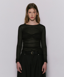 DRAPE SEE-THROUGH SHIRRING LONG SLEEVE BLACK