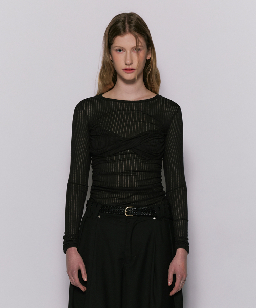 WESLEYHYUSTON(ウェズリーユーストン)の「DRAPE SEE-THROUGH SHIRRING LONG SLEEVE BLACK(Tシャツ/カットソー・レディース・その他・SMALL/MEDIUM)」の1枚目の写真