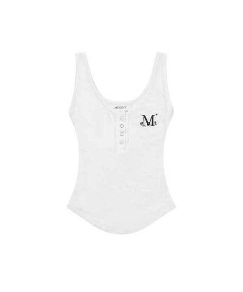 MUCENT（ムセント）の「ハリングシグネチャーロゴスナップボタンユニックスリーブレス（4色）（Tシャツ/カットソー・レディース・チャコール/Beige/ホワイト/グレー/ブラック・FREE）」の2枚目の写真