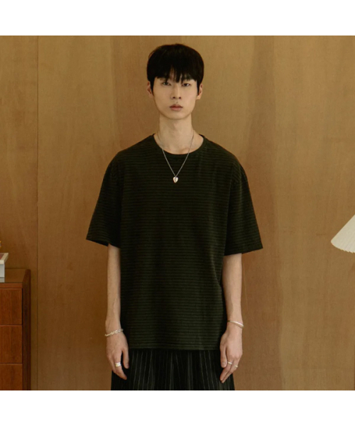 EULER(ユーラ)の「ダイドクルー マルチストライプTシャツ (チャコールブラウン)(Tシャツ/カットソー・メンズ・ブラウン・MEDIUM/LARGE)」の1枚目の写真