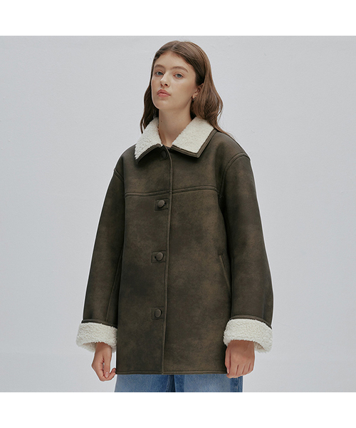 AFTERHOURS(アフターアワーズ)の「WOOL SHEARLING MUSTANG JACKET (KHAKI-BLACK)(ムートンコート・レディース・カーキ・FREE)」の1枚目の写真