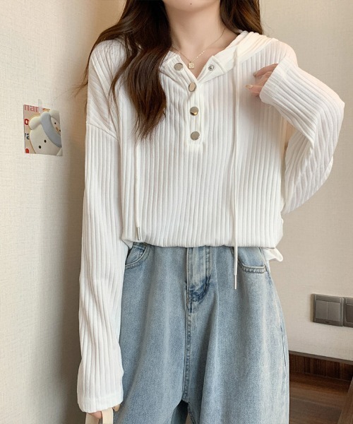 Flugge(フラッジー)の「ハーフボタンフーディーカットソー(Tシャツ/カットソー・レディース・ブラック/ホワイト・LARGE/MEDIUM)」の1枚目の写真