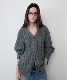 V NECK CABLE LOOSE FIT CARDIGAN CHARCOAL
