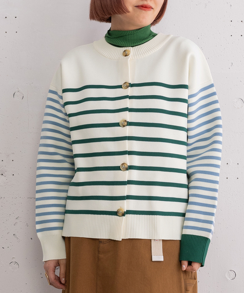 POU DOU DOU(プードゥドゥ)の「カラーミックスボーダーカーディガン(カーディガン/ボレロ・レディース・グリーン/ベージュ・M)」の2枚目の写真