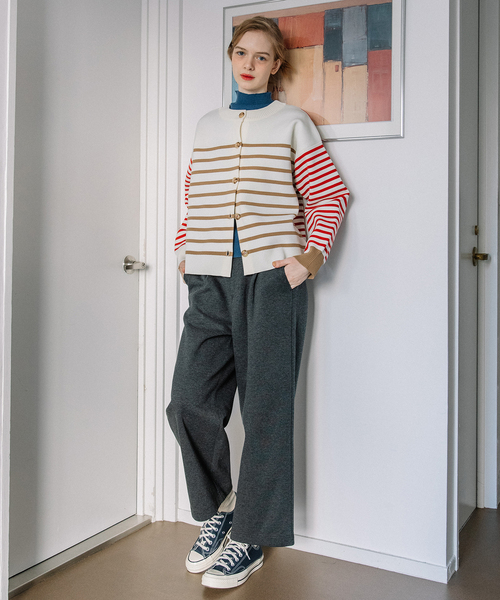 POU DOU DOU(プードゥドゥ)の「カラーミックスボーダーカーディガン(カーディガン/ボレロ・レディース・グリーン/ベージュ・M)」の8枚目の写真