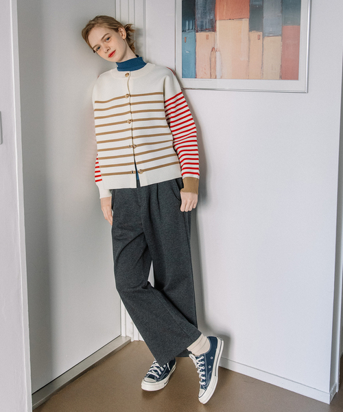 POU DOU DOU(プードゥドゥ)の「カラーミックスボーダーカーディガン(カーディガン/ボレロ・レディース・グリーン/ベージュ・M)」の9枚目の写真