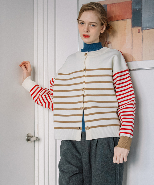 POU DOU DOU(プードゥドゥ)の「カラーミックスボーダーカーディガン(カーディガン/ボレロ・レディース・グリーン/ベージュ・M)」の10枚目の写真