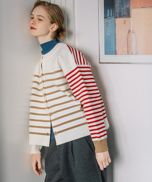 POU DOU DOU(プードゥドゥ)の「カラーミックスボーダーカーディガン(カーディガン/ボレロ・レディース・グリーン/ベージュ・M)」の12枚目の写真