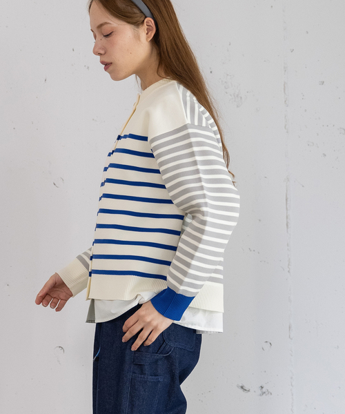 POU DOU DOU(プードゥドゥ)の「カラーミックスボーダーカーディガン(カーディガン/ボレロ・レディース・グリーン/ベージュ・M)」の15枚目の写真