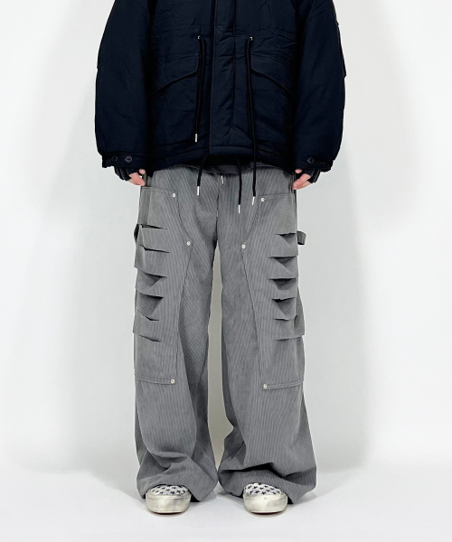 Cut Off Carpenter Corduroy Wide Pants ((Gray))