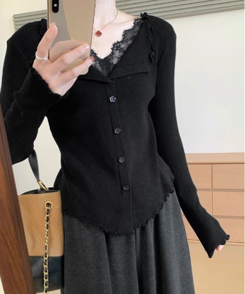 kirakiraShop(キラキラショップ)の「レース レイヤード 襟付き リブ ニット トップス(ニット/セーター・レディース・ブラック/ベージュ/チャコール/ホワイト/ブラウン・FREE)」の22枚目の写真