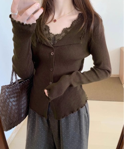 kirakiraShop(キラキラショップ)の「レース レイヤード 襟付き リブ ニット トップス(ニット/セーター・レディース・ブラック/ベージュ/チャコール/ホワイト/ブラウン・FREE)」の17枚目の写真