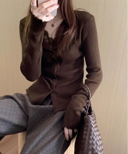 kirakiraShop(キラキラショップ)の「レース レイヤード 襟付き リブ ニット トップス(ニット/セーター・レディース・ブラック/ベージュ/チャコール/ホワイト/ブラウン・FREE)」の19枚目の写真