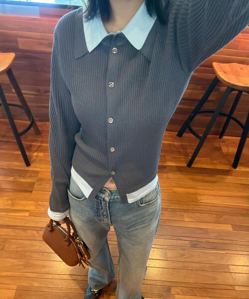 FREE'S MART（フリーズマート）の「◆【ＲＩＯ企画】レイヤー襟ポロリブニット〈ＭＦＭ〉（ニット/セーター・レディース・グレー/ネイビー/ホワイト・FREE）」の12枚目の写真