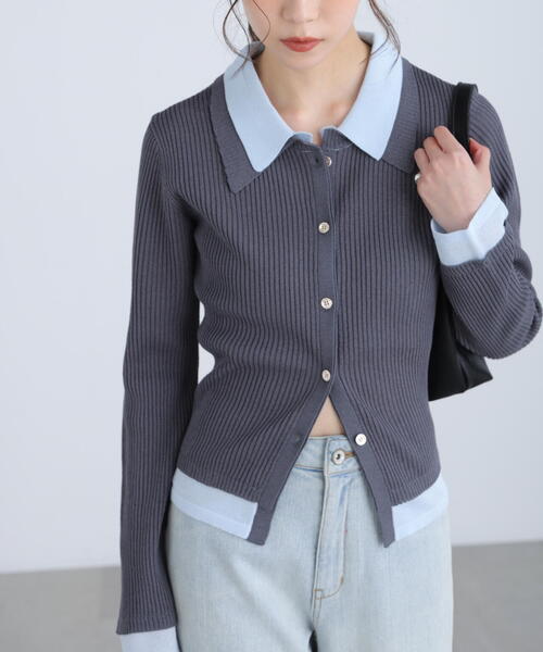 FREE'S MART（フリーズマート）の「◆【ＲＩＯ企画】レイヤー襟ポロリブニット〈ＭＦＭ〉（ニット/セーター・レディース・グレー/ネイビー/ホワイト・FREE）」の14枚目の写真