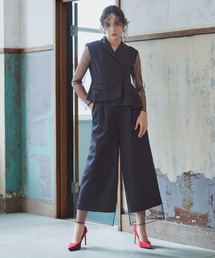 Callarus | 【お呼ばれ・よそいき・結婚式・パーティー・オケージョンドレス】アシメテーラードデザインブラウス+チュールレイヤードデザインパンツセットアップドレス〔Callarus〕(パンツドレス)