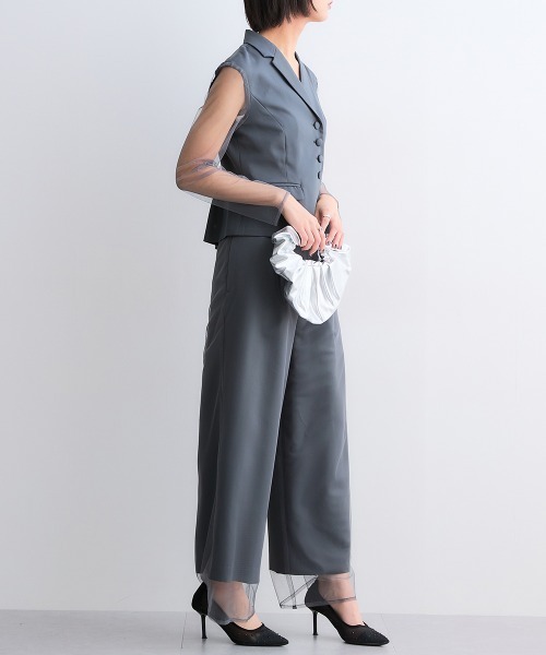 Callarus(カラルス)の「アシメテーラードデザインブラウス+チュールレイヤードデザインパンツセットアップドレス〔Callarus〕(パンツドレス・レディース・ブラウン/チャコール/ブラック・M/L/LL/3L)」の5枚目の写真