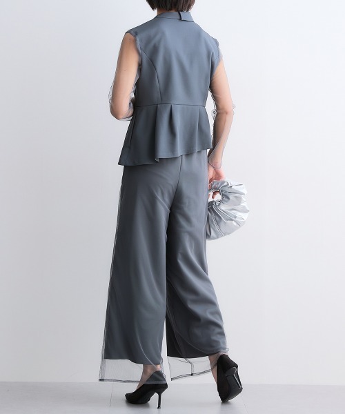 Callarus(カラルス)の「アシメテーラードデザインブラウス+チュールレイヤードデザインパンツセットアップドレス〔Callarus〕(パンツドレス・レディース・ブラウン/チャコール/ブラック・M/L/LL/3L)」の6枚目の写真