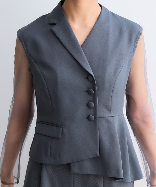 Callarus(カラルス)の「アシメテーラードデザインブラウス+チュールレイヤードデザインパンツセットアップドレス〔Callarus〕(パンツドレス・レディース・ブラウン/チャコール/ブラック・M/L/LL/3L)」の8枚目の写真