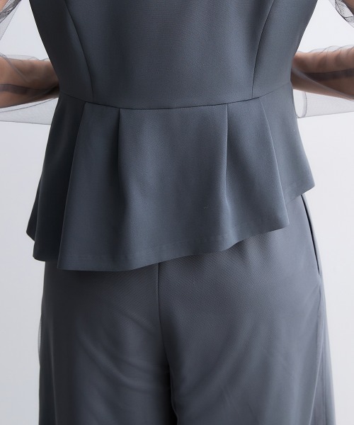 Callarus(カラルス)の「アシメテーラードデザインブラウス+チュールレイヤードデザインパンツセットアップドレス〔Callarus〕(パンツドレス・レディース・ブラウン/チャコール/ブラック・M/L/LL/3L)」の11枚目の写真