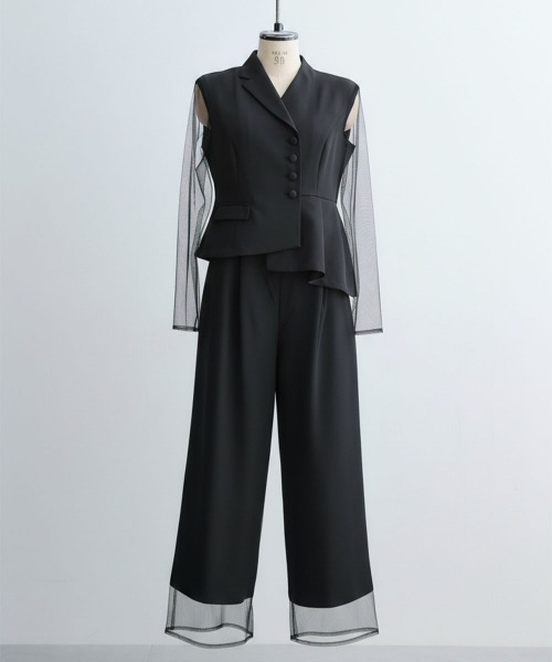 Callarus(カラルス)の「アシメテーラードデザインブラウス+チュールレイヤードデザインパンツセットアップドレス〔Callarus〕(パンツドレス・レディース・ブラウン/チャコール/ブラック・M/L/LL/3L)」の18枚目の写真