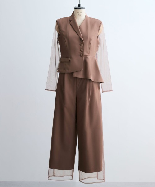 Callarus(カラルス)の「アシメテーラードデザインブラウス+チュールレイヤードデザインパンツセットアップドレス〔Callarus〕(パンツドレス・レディース・ブラウン/チャコール/ブラック・M/L/LL/3L)」の19枚目の写真