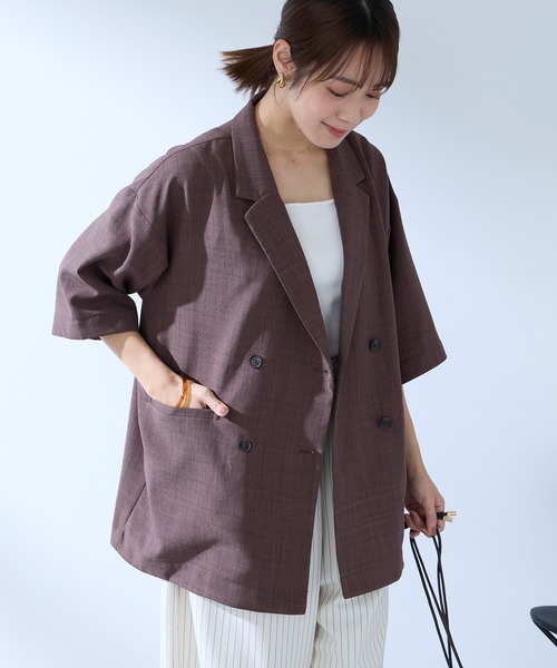 Aunely（オーネリー）の「【Aunely】すぐサラ リネンタッチ ひんやり 半袖 シャツジャケット / マシンウォッシャブル ＜YOSOOIシリーズ＞（テーラードジャケット・レディース・ブラック/ライトベージュ/ブラウン/ネイビー/ネイビー系/グレー・L/M）」の4枚目の写真