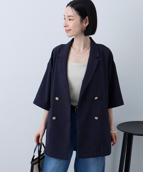 Aunely（オーネリー）の「【Aunely】すぐサラ リネンタッチ ひんやり 半袖 シャツジャケット / マシンウォッシャブル ＜YOSOOIシリーズ＞（テーラードジャケット・レディース・ブラック/ライトベージュ/ブラウン/ネイビー/ネイビー系/グレー・L/M）」の18枚目の写真