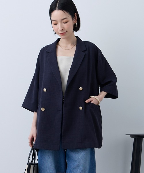 Aunely（オーネリー）の「【Aunely】すぐサラ リネンタッチ ひんやり 半袖 シャツジャケット / マシンウォッシャブル ＜YOSOOIシリーズ＞（テーラードジャケット・レディース・ブラック/ライトベージュ/ブラウン/ネイビー/ネイビー系/グレー・L/M）」の22枚目の写真