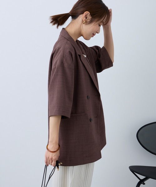 Aunely（オーネリー）の「【Aunely】すぐサラ リネンタッチ ひんやり 半袖 シャツジャケット / マシンウォッシャブル ＜YOSOOIシリーズ＞（テーラードジャケット・レディース・ブラック/ライトベージュ/ブラウン/ネイビー/ネイビー系/グレー・L/M）」の7枚目の写真