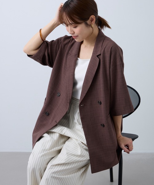 Aunely（オーネリー）の「【Aunely】すぐサラ リネンタッチ ひんやり 半袖 シャツジャケット / マシンウォッシャブル ＜YOSOOIシリーズ＞（テーラードジャケット・レディース・ブラック/ライトベージュ/ブラウン/ネイビー/ネイビー系/グレー・L/M）」の10枚目の写真