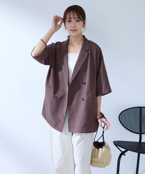Aunely（オーネリー）の「【Aunely】すぐサラ リネンタッチ ひんやり 半袖 シャツジャケット / マシンウォッシャブル ＜YOSOOIシリーズ＞（テーラードジャケット・レディース・ブラック/ライトベージュ/ブラウン/ネイビー/ネイビー系/グレー・L/M）」の15枚目の写真