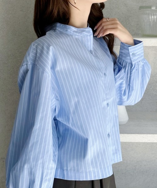 umune（ウムネ）の「ストライプシャツ バックシャン レースアップ バックリボン 半袖 クロップド丈 ショート丈 スタンドカラー カジュアル 秋 冬（シャツ/ブラウス・レディース・サックスブルー/ネイビー・FREE）」の5枚目の写真