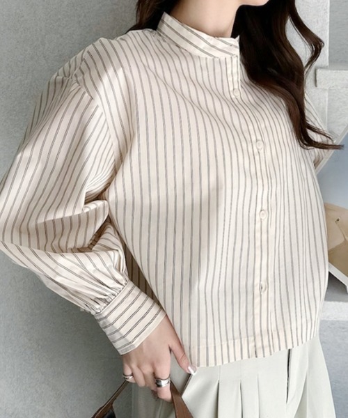 umune（ウムネ）の「ストライプシャツ バックシャン レースアップ バックリボン 半袖 クロップド丈 ショート丈 スタンドカラー カジュアル 秋 冬（シャツ/ブラウス・レディース・サックスブルー/ネイビー・FREE）」の8枚目の写真