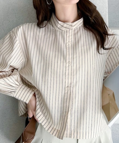 umune（ウムネ）の「ストライプシャツ バックシャン レースアップ バックリボン 半袖 クロップド丈 ショート丈 スタンドカラー カジュアル 秋 冬（シャツ/ブラウス・レディース・サックスブルー/ネイビー・FREE）」の7枚目の写真