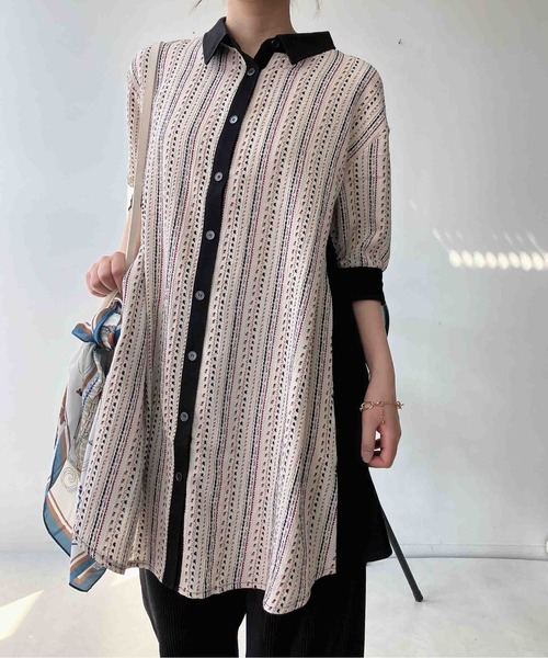 AS KNOW AS plus(アズノゥアズプラス)の「〇カットソー切り替え7分袖シャツワンピース(シャツワンピース・レディース・ベージュ系/ブラック系/ネイビー系/グレー系・FREE)」の3枚目の写真