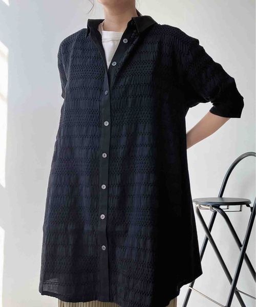AS KNOW AS plus(アズノゥアズプラス)の「〇カットソー切り替え7分袖シャツワンピース(シャツワンピース・レディース・ベージュ系/ブラック系/ネイビー系/グレー系・FREE)」の17枚目の写真