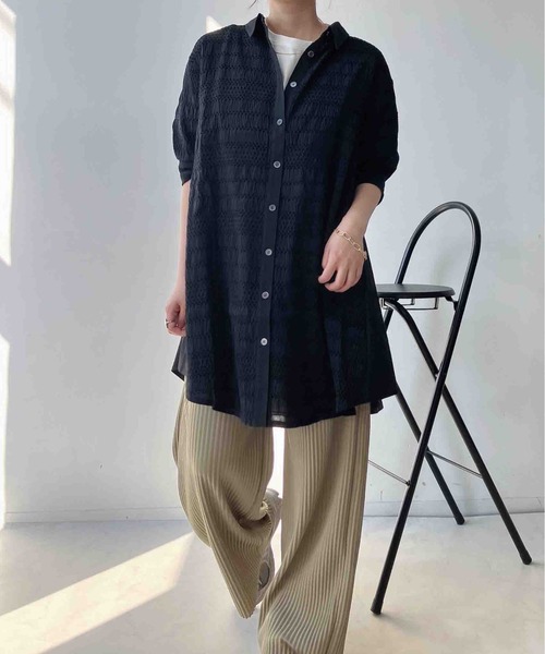AS KNOW AS plus(アズノゥアズプラス)の「〇カットソー切り替え7分袖シャツワンピース(シャツワンピース・レディース・ベージュ系/ブラック系/ネイビー系/グレー系・FREE)」の16枚目の写真